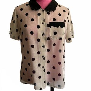 Vintage polka dot short-sleeve blouse—semi-sheer and chic for spring!